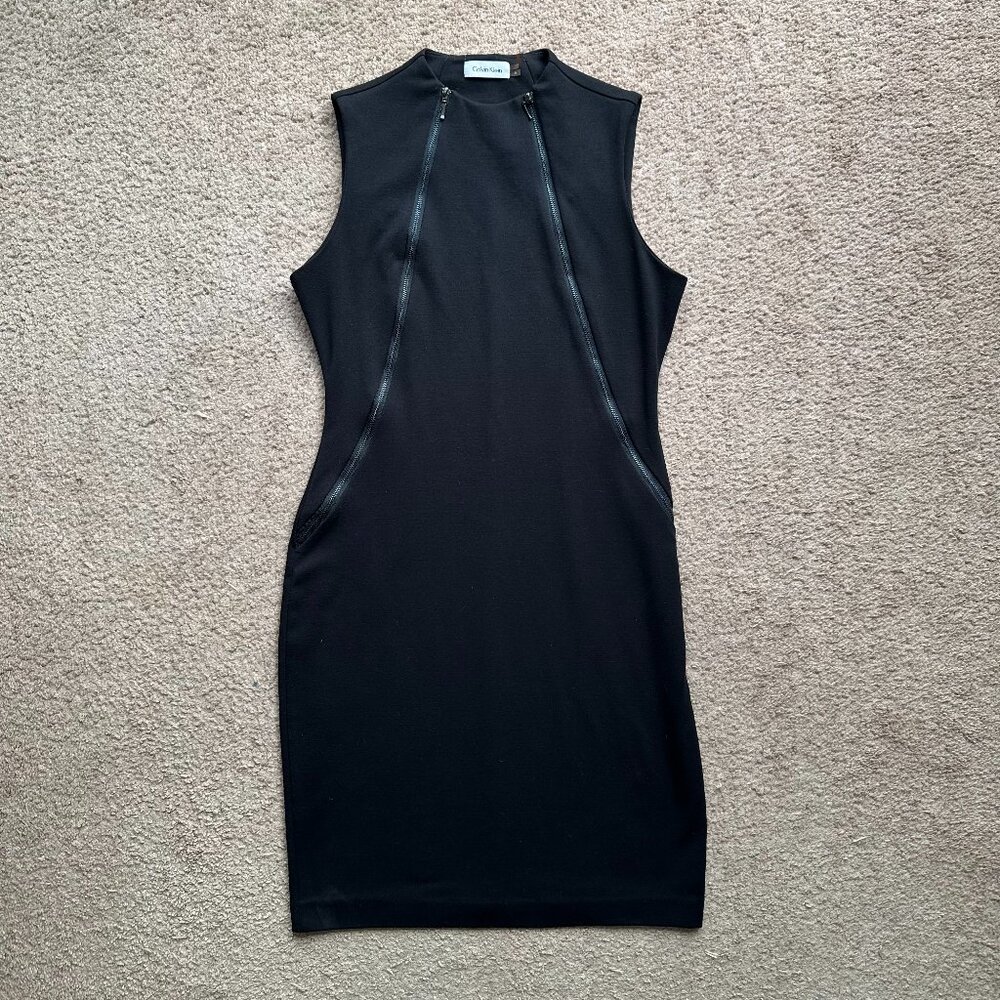 Calvin Klein Dress Womens 6 Front Zip Black Sleeveless Midi Summer